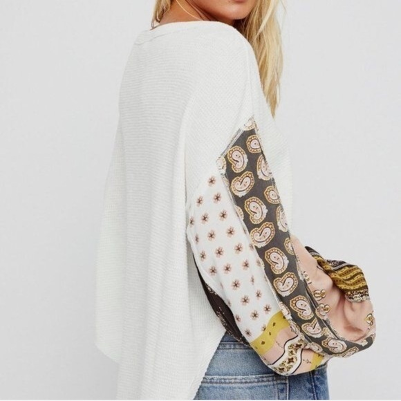 Free People We The Free Blossom Thermal Waffle Top Paisley Ballon Sleeve Size M - Picture 3 of 12
